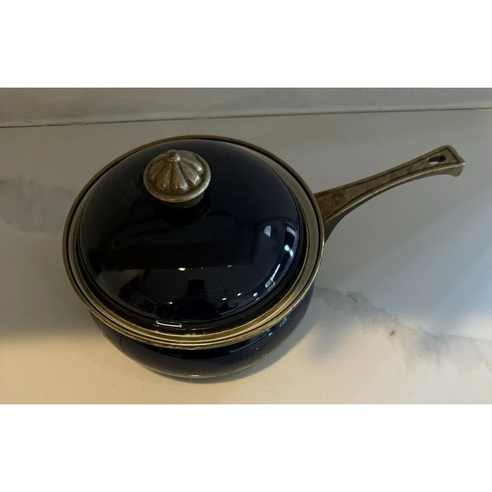 La Cuisine Normandy Enamel Cookware Lidded Pot Navy Blue Gold Brass Handle